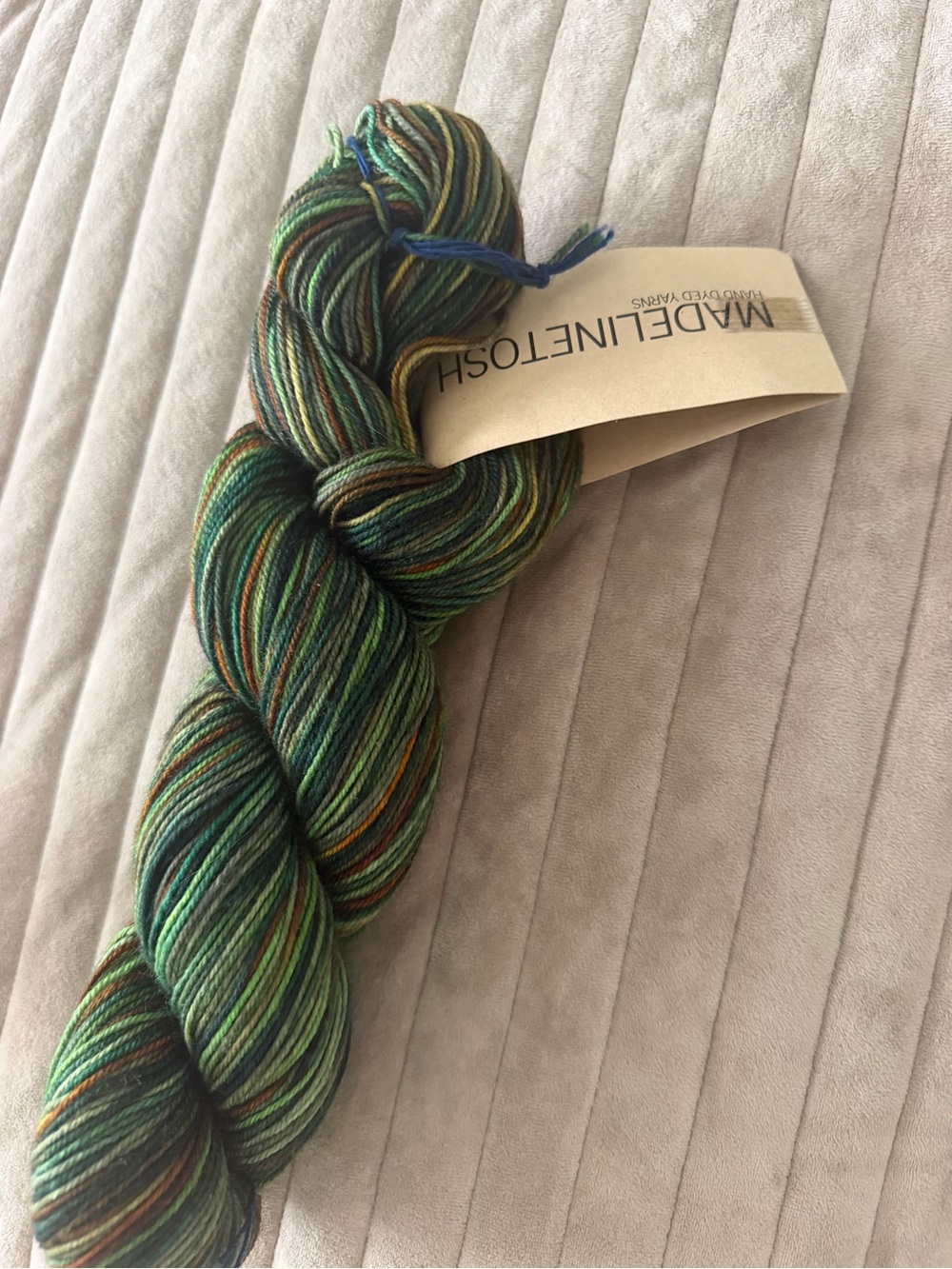 MadelineTosh Hand-Dyed Variegated Green Yarn Skein